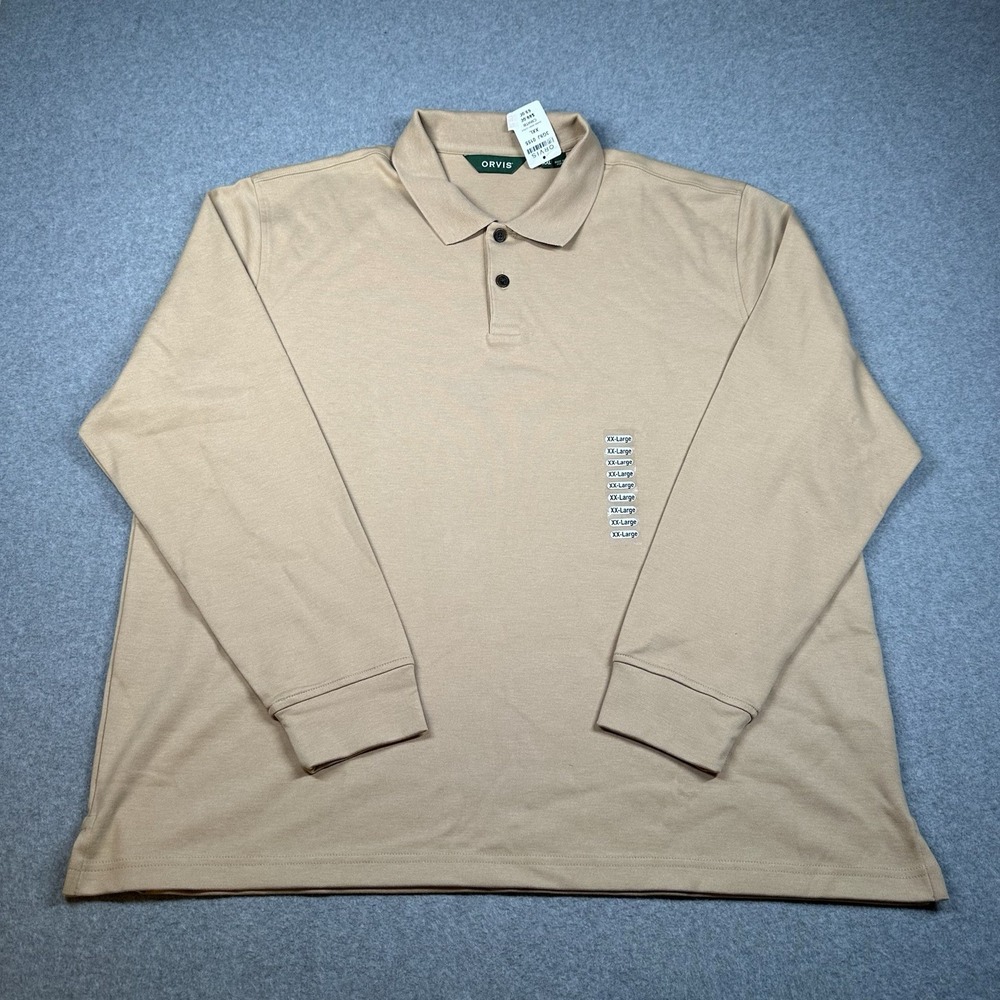 Orvis Long Sleeve Polo Shirt Mens XXL Tan Stretch Cotton Fishing Logo